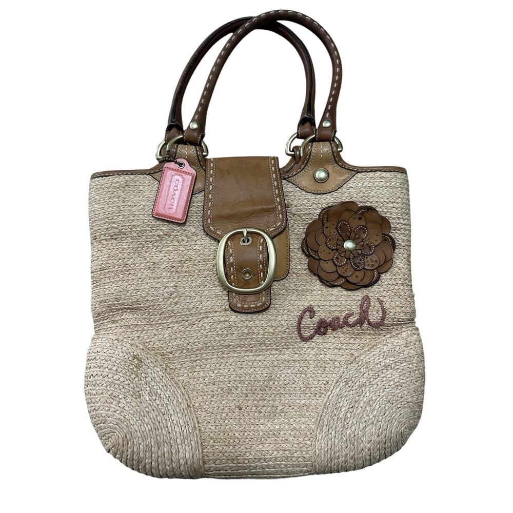 COACH Bleeker Natural Straw Floral Bag - Leather Trim